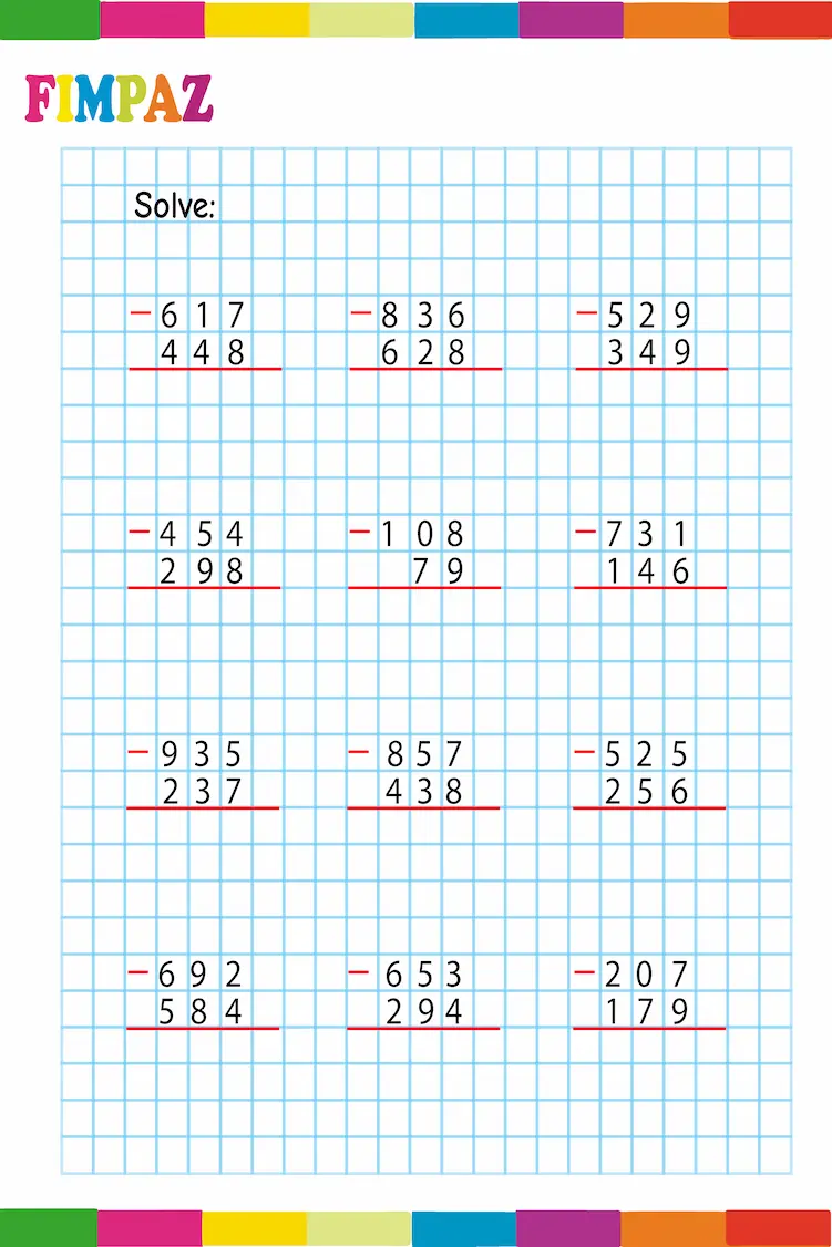 Three-Digit Subtraction Worksheets