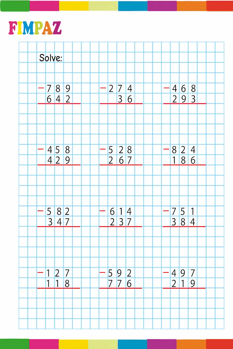 Three-Digit Subtraction Worksheets