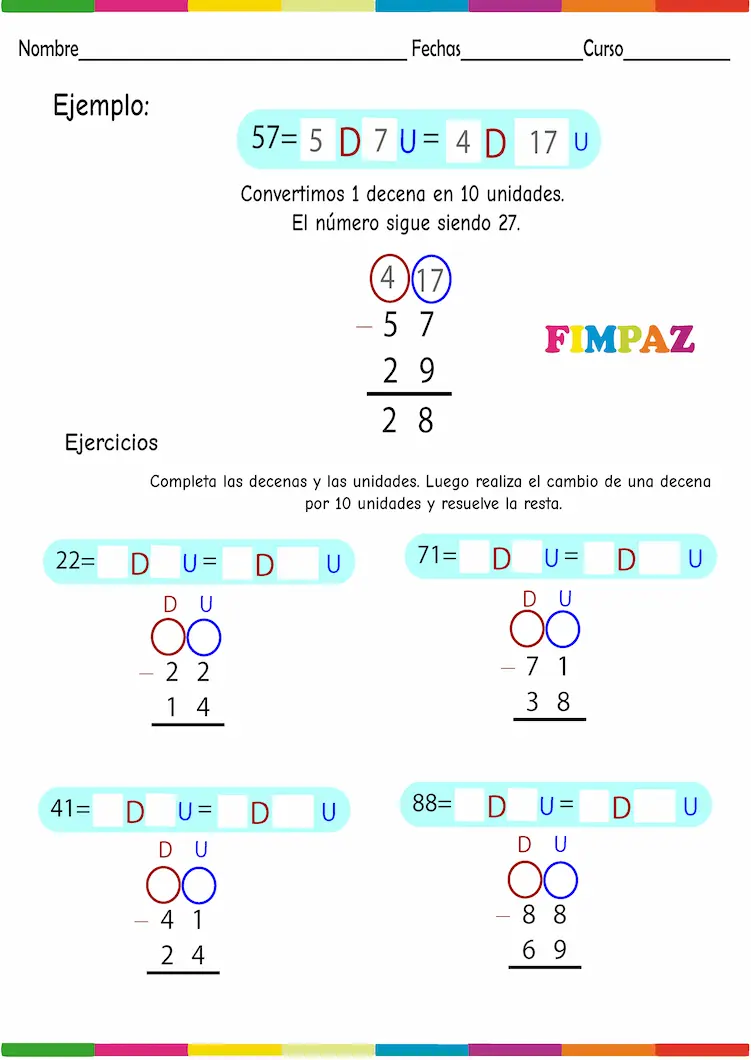 Restas de dos cifras prestando
