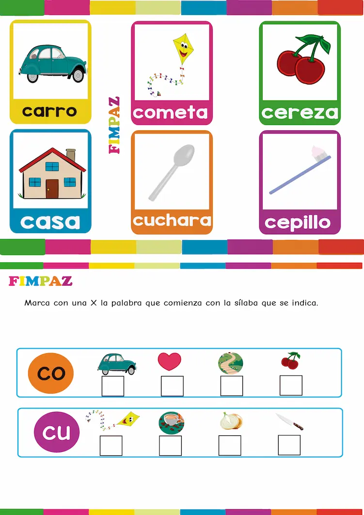 tarjetas de sílabas ca ce ci co cu 