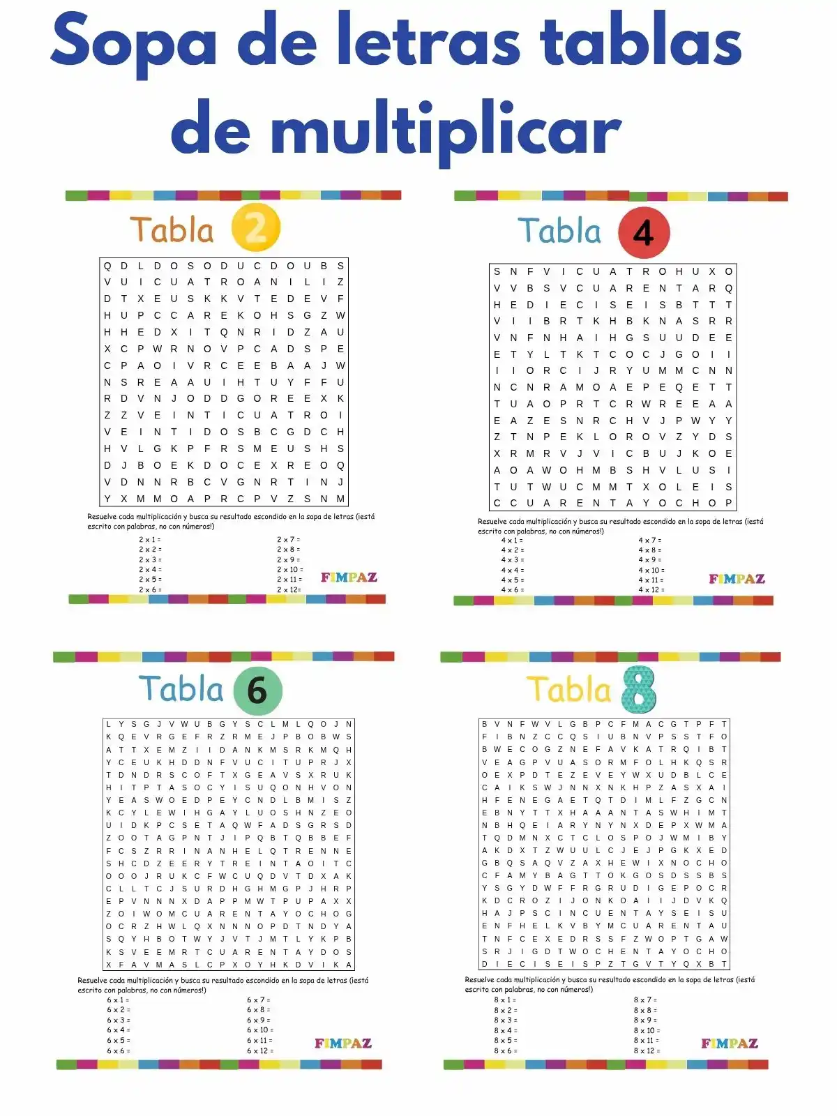 Sopa de Letras Tablas de Multiplicar para Imprimir GRATIS